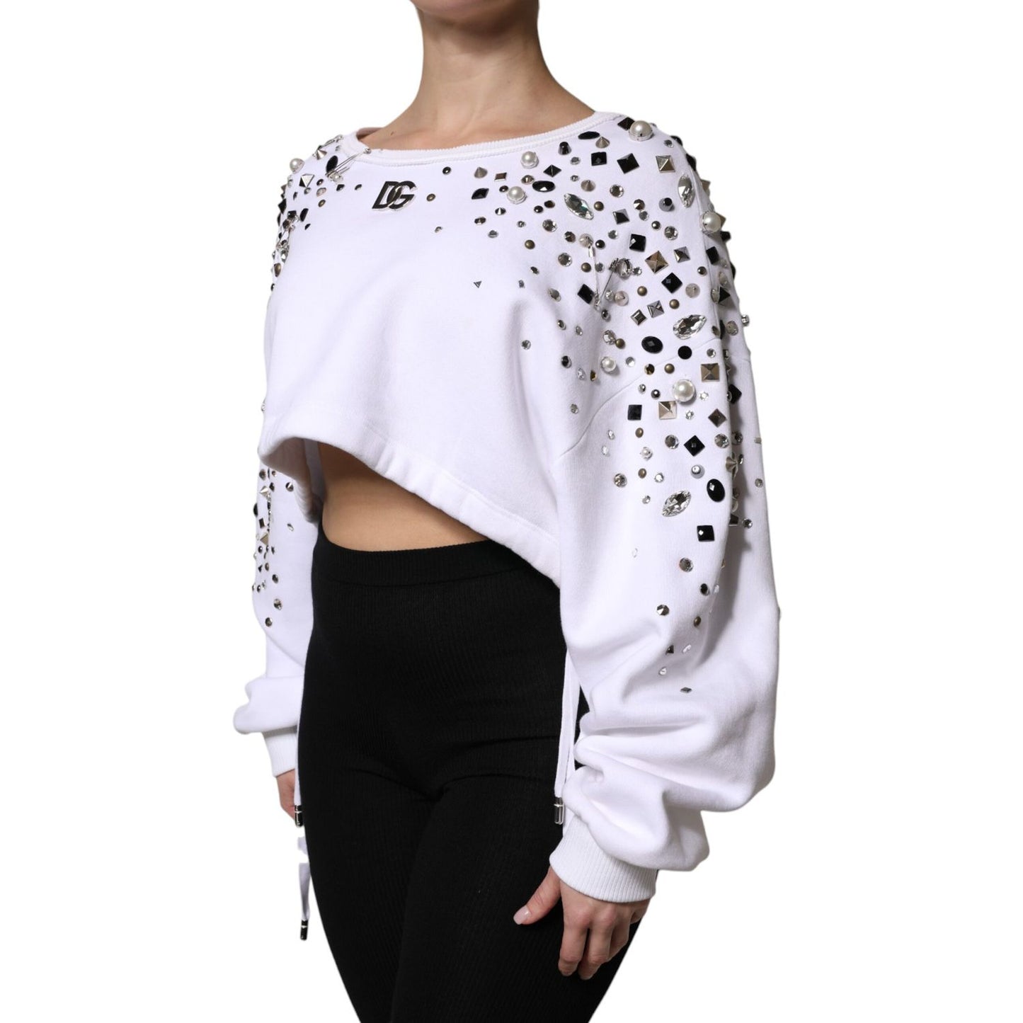 Dolce & Gabbana White Embellished Long Sleeve Cropped Sweater