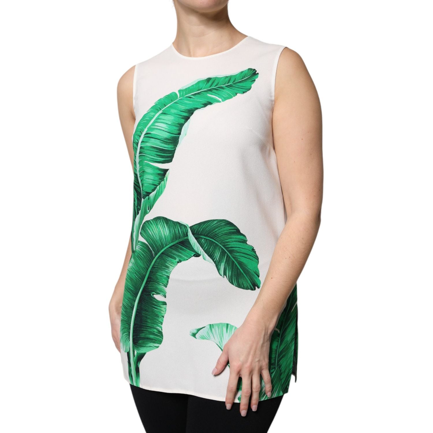 Dolce & Gabbana White Banana Leaf Print Round Neck Tank Top