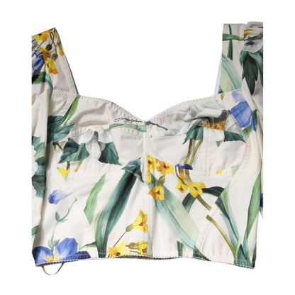 Dolce & Gabbana White Floral Puff Sleeves Crop Blouse Top
