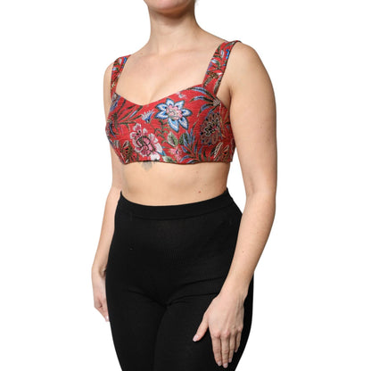 Dolce & Gabbana Red Floral Brocade Cropped Bustier Corset Top