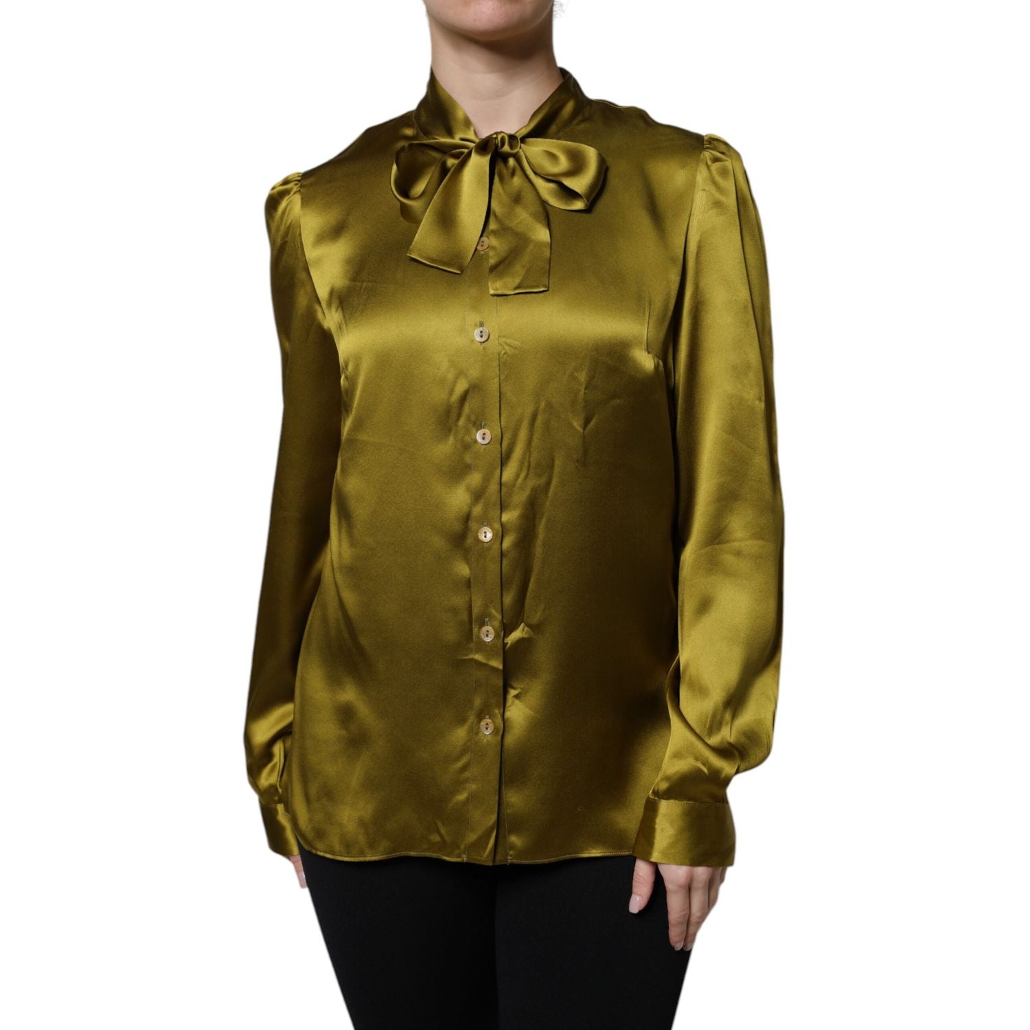 Dolce & Gabbana Olive Green Ascot Collar Long Sleeve Blouse Top