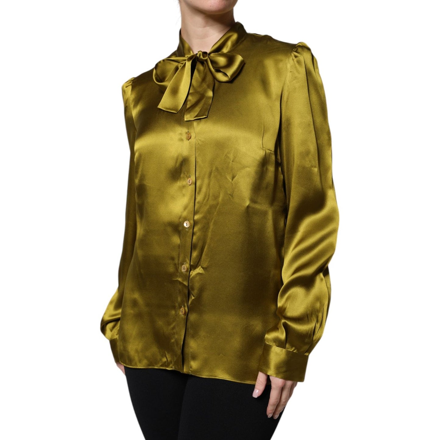Dolce & Gabbana Olive Green Ascot Collar Long Sleeve Blouse Top TSH878634-46