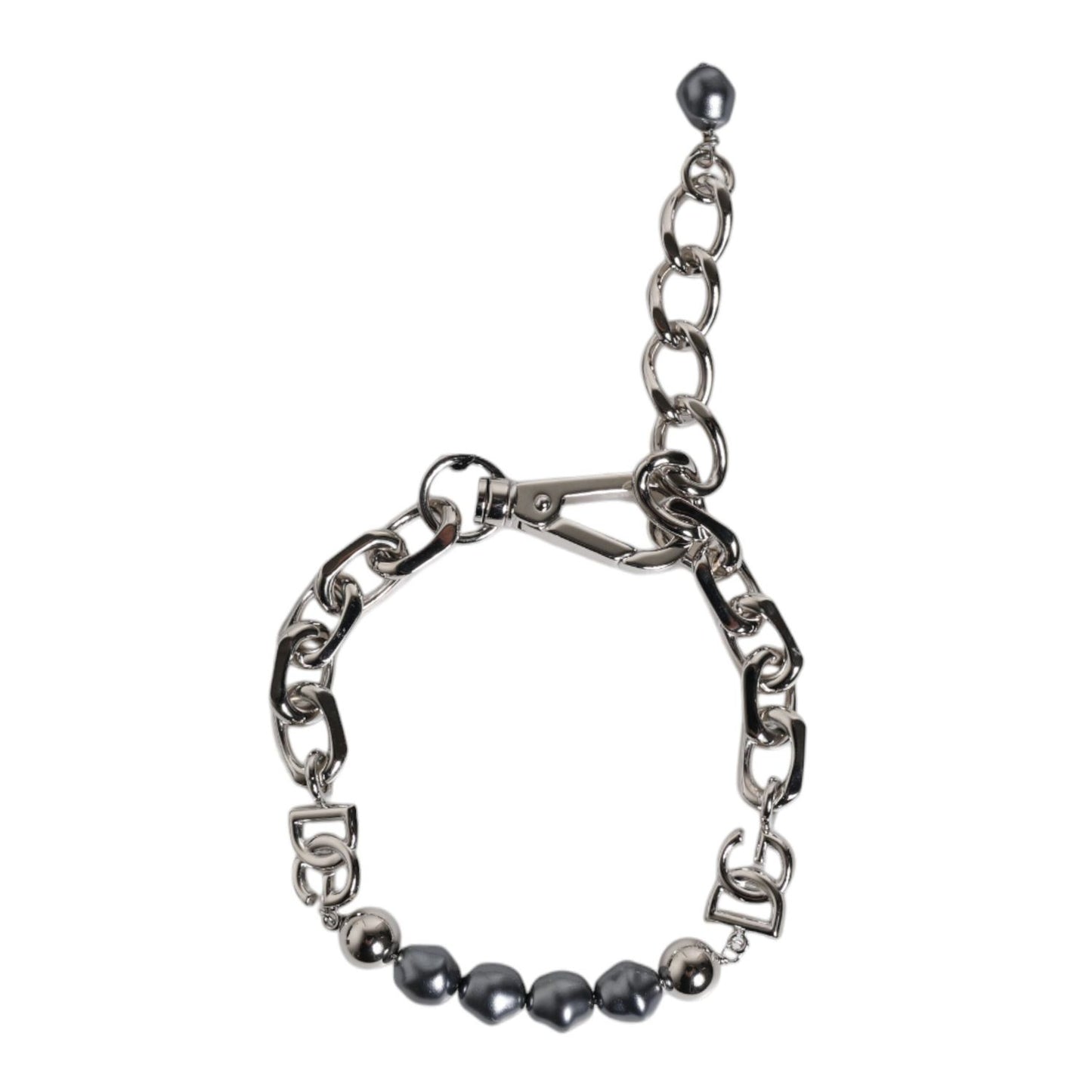 Dolce & Gabbana Silver Tone Chain Lobster Clasp Logo Gray Pearls Bracelet