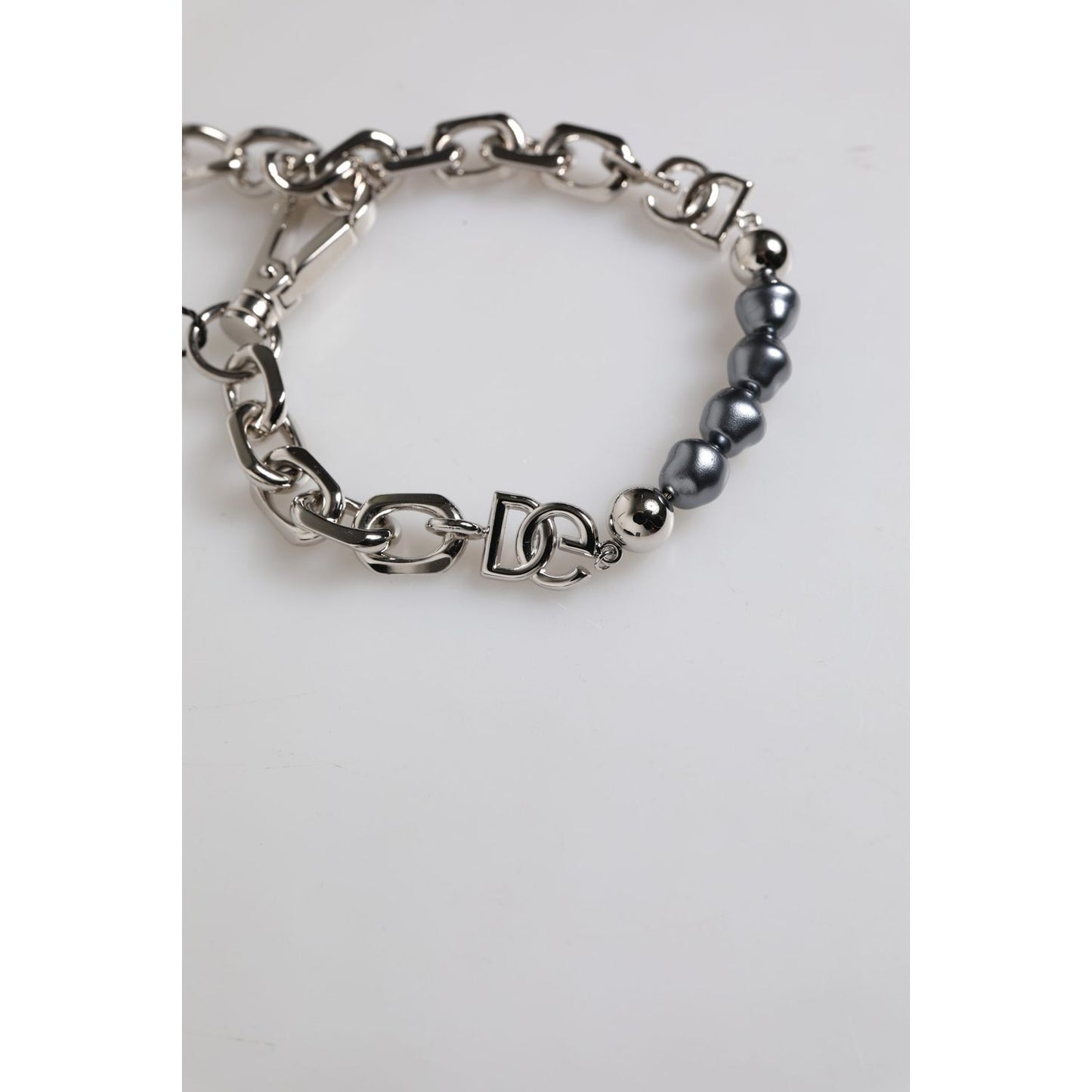 Dolce & Gabbana Silver Tone Chain Lobster Clasp Logo Gray Pearls Bracelet