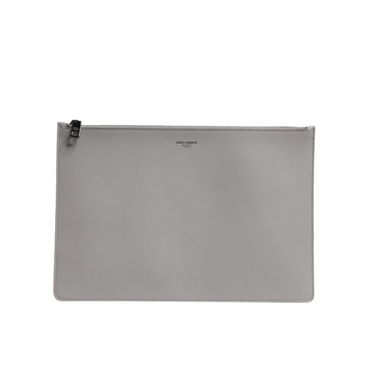 Dolce & Gabbana Gray Solid Leather DG Logo Men Clutch Zip Pouch Bag