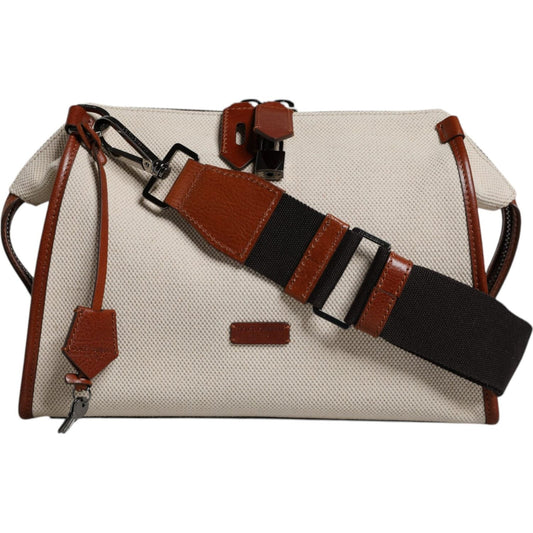 Dolce & Gabbana Beige Brown Cotton Leather Duffle Shoulder Bag BAG4323
