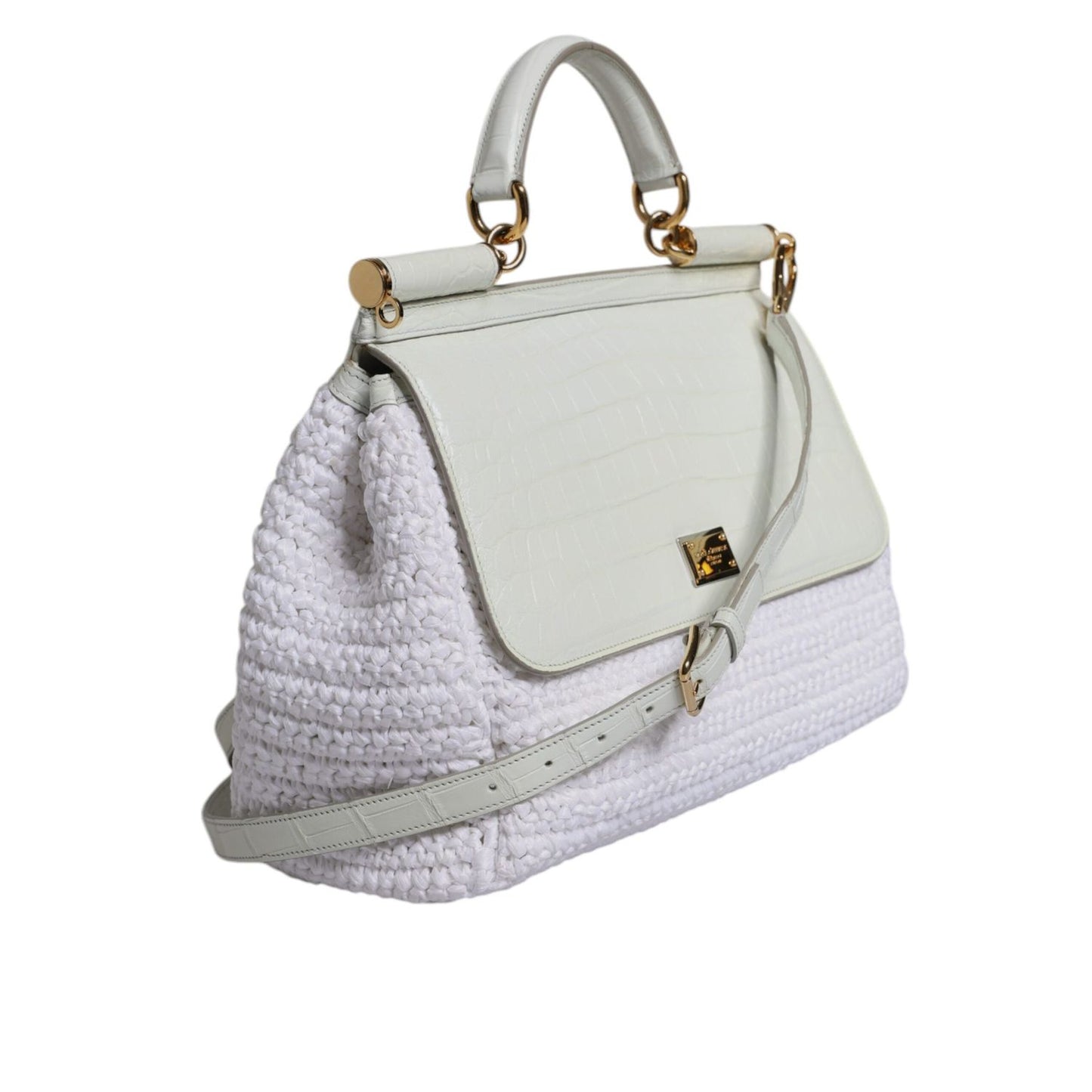 Dolce & Gabbana White Rafia Leather Top Handle Crossbody Bag