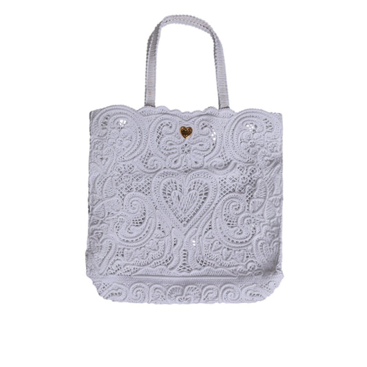 Dolce & Gabbana White Cordonetto Lace Beatrice Tote Shopping Bag with heart motif, featuring cotton and viscose blend.