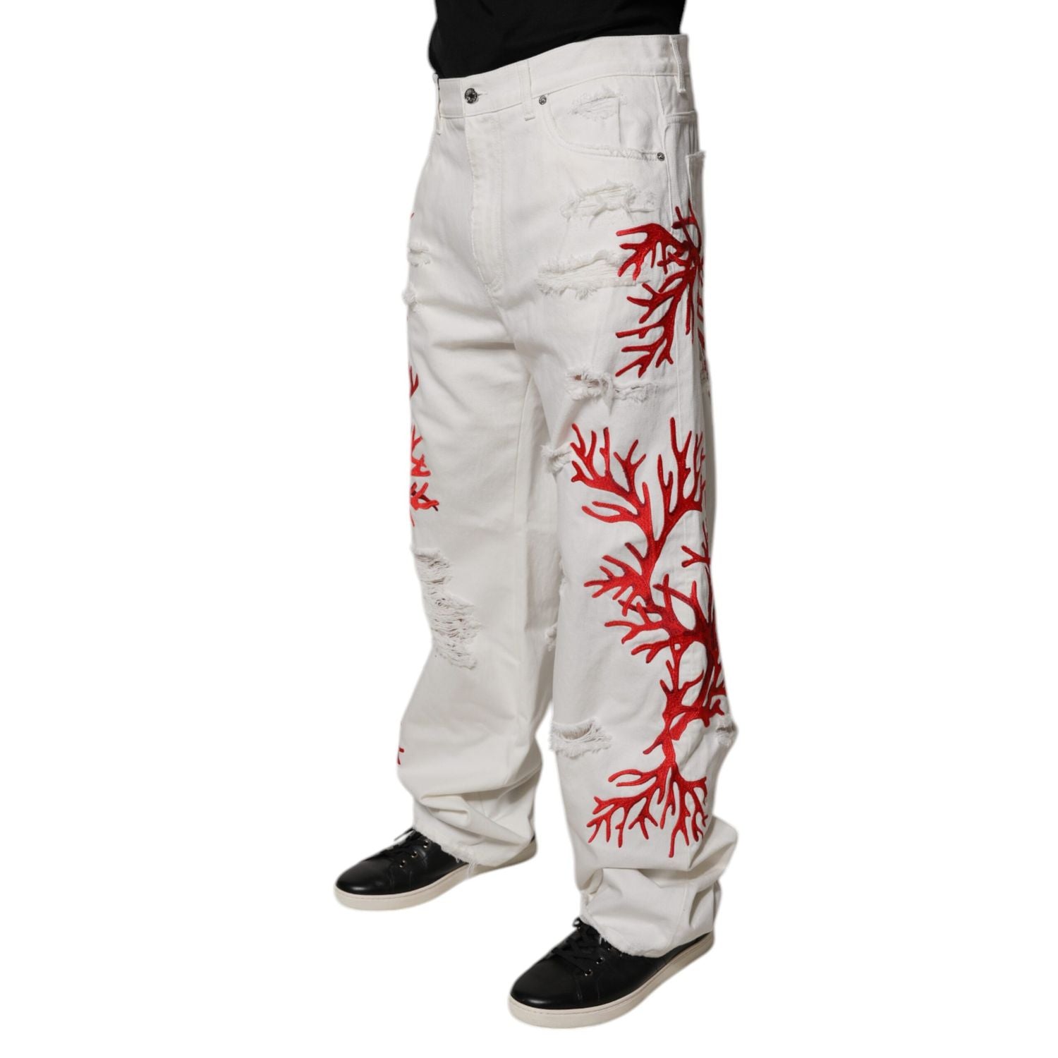 Dolce & Gabbana White Corals Tattered Straight Denim Jeans
