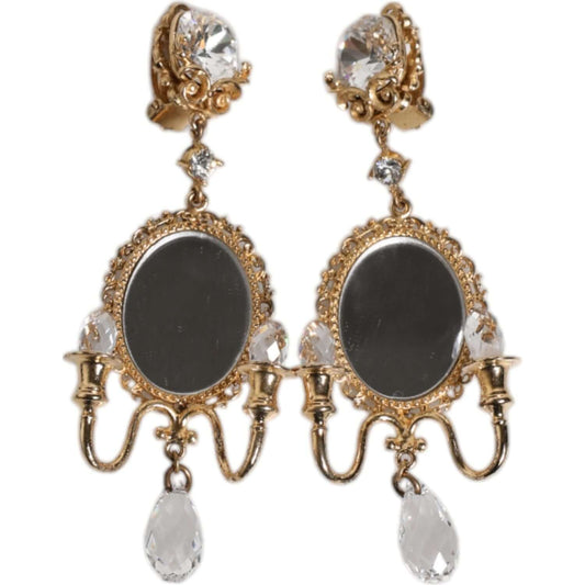 Dolce & Gabbana gold brass earrings with clear crystal accents and mirror elements, 9cm clip-on baroque style.