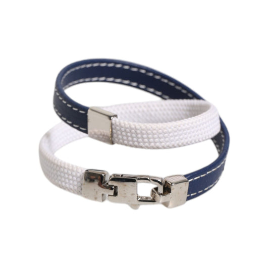 Dolce & Gabbana Blue White Leather Trimmed DG Engraved Silver Tone Clasp Bracelet