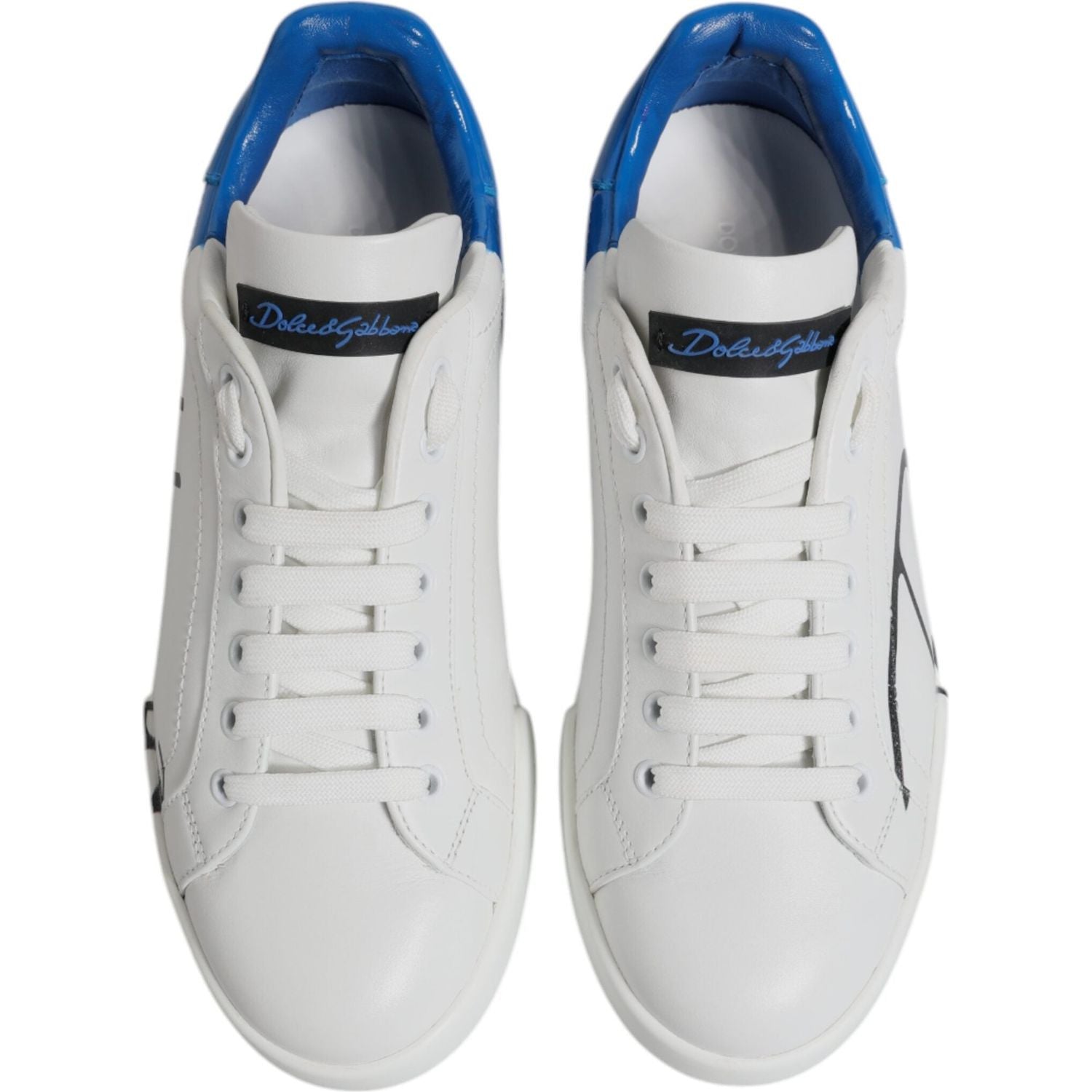 Dolce & Gabbana White Blue Leather Logo Low Top Sneakers Shoes