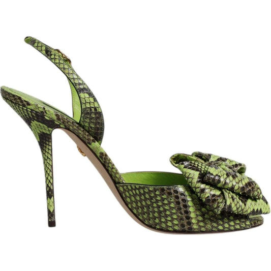 Dolce & Gabbana green python leather high heel sandals with animal print, buckle closure, made in Italy, luxury designer footwear.