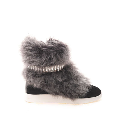 Giuseppe Zanotti Black Neoprene Chunky Sneakers with fur and crystals, side zipper, white rubber sole, round toe.