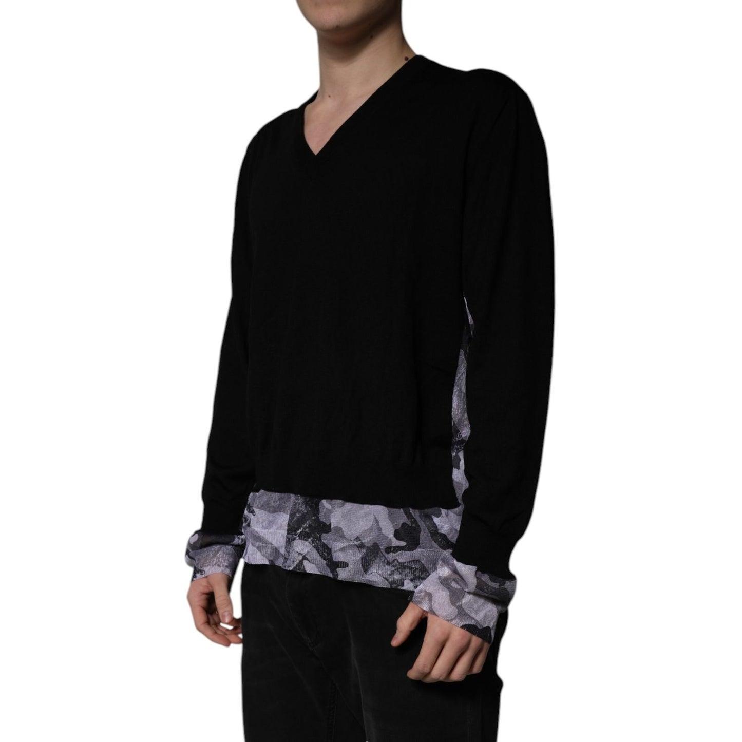Dolce & Gabbana Black Camouflage V-neck Pullover Sweater