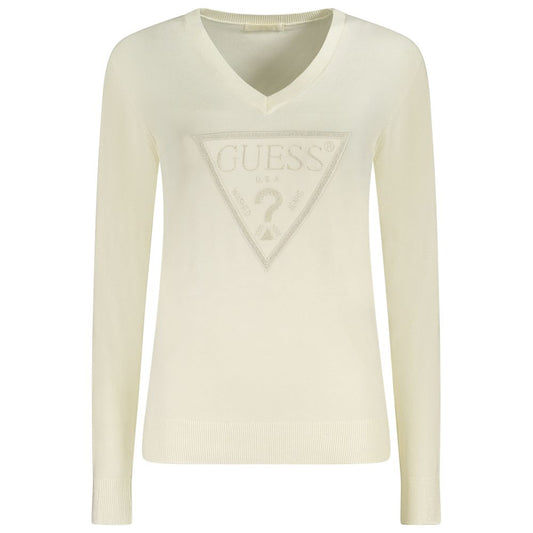 Alt Tag: Guess Jeans White Viscose Sweater with V-neck and contrasting details featuring the Guess logo on the front.