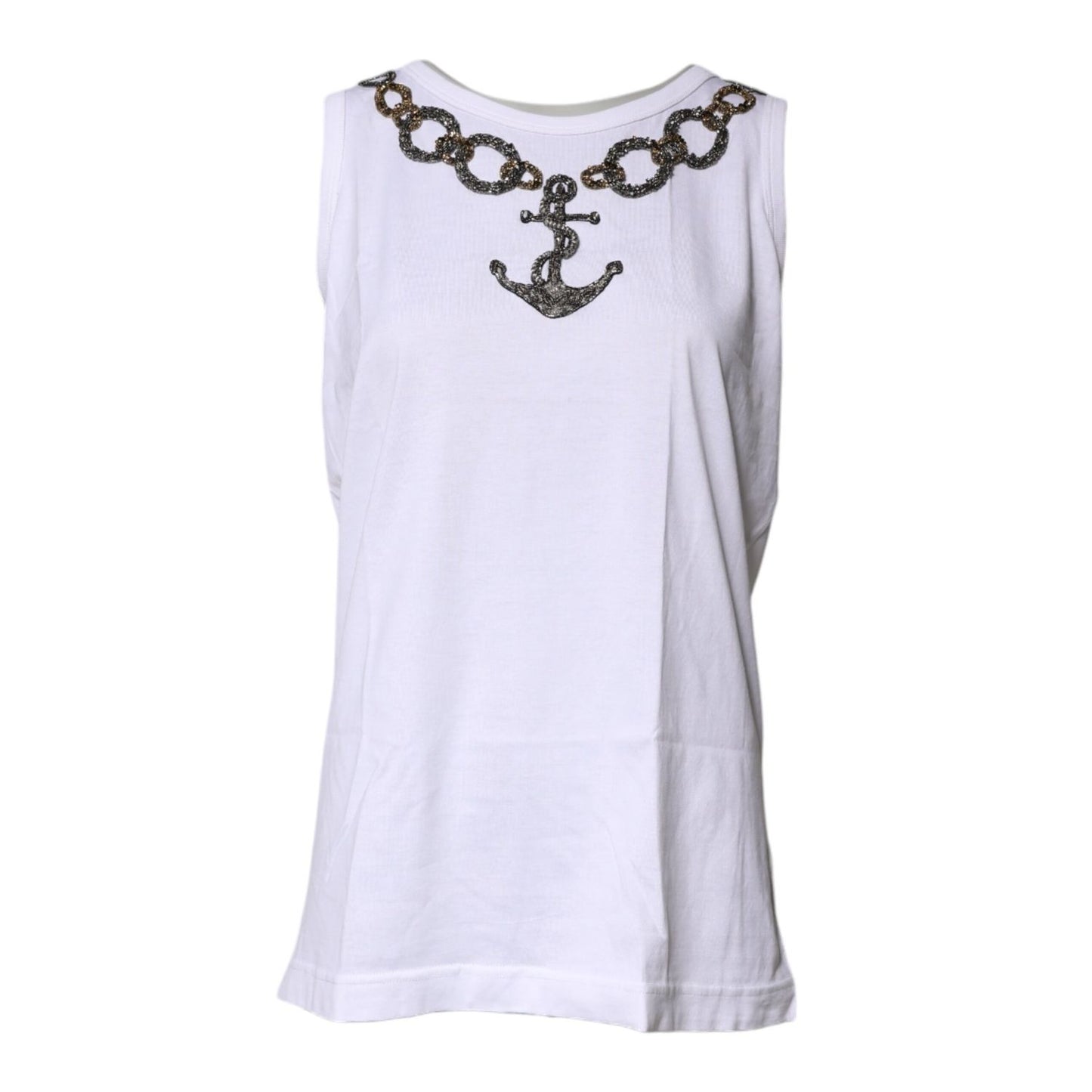 Dolce & Gabbana White Cotton Anchor Chain Embroidery Tank Top