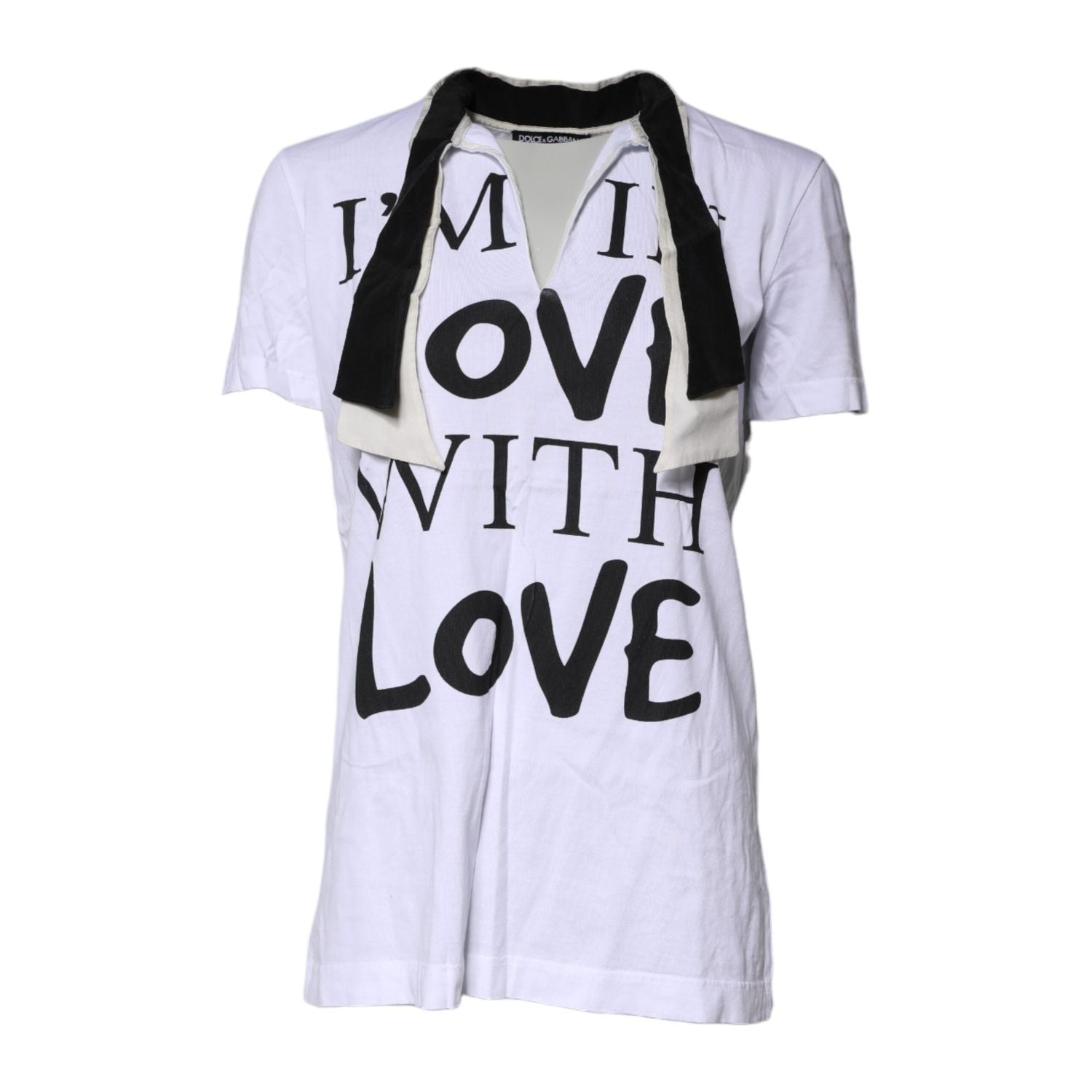 Dolce & Gabbana White Cotton Silk Blend Ascot Collar T-shirt