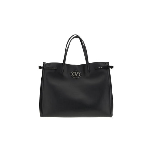 Valentino Garavani Large Antibes Tote Bag in black leather with Signature VLogo and gold finish, featuring double handles and magnetic closure.