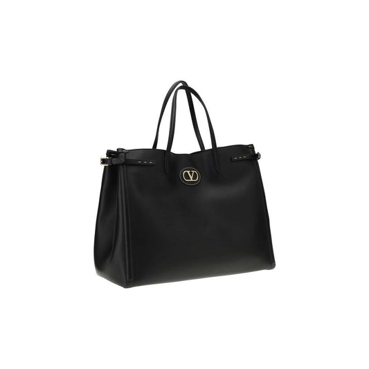 Valentino Garavani Large Antibes Tote Bag in black leather with signature VLogo and gold-finish metallic parts, featuring elegant double handles.