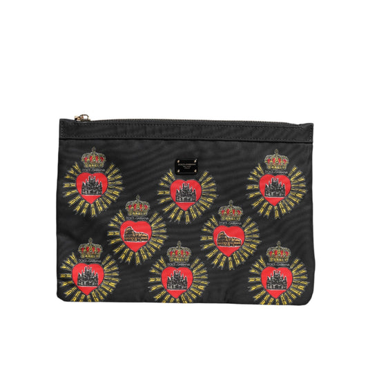 Dolce & Gabbana Black Red Nylon Sacred Heart Clutch Pouch Bag