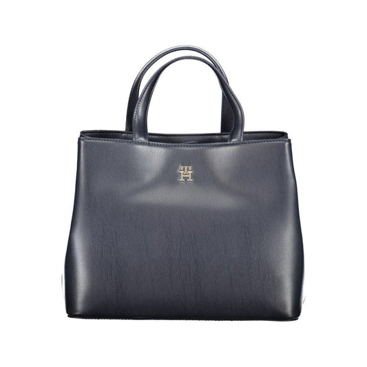 Tommy Hilfiger blue handbag with two handles, adjustable strap, internal and central pockets, snap closure, and logo detail.