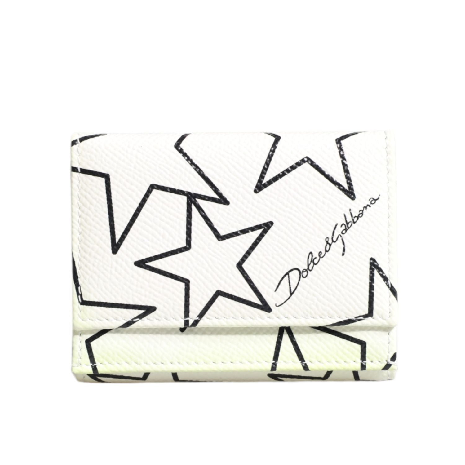 Dolce & Gabbana White Leather Trifold DG Star Print Card Holder Wallet