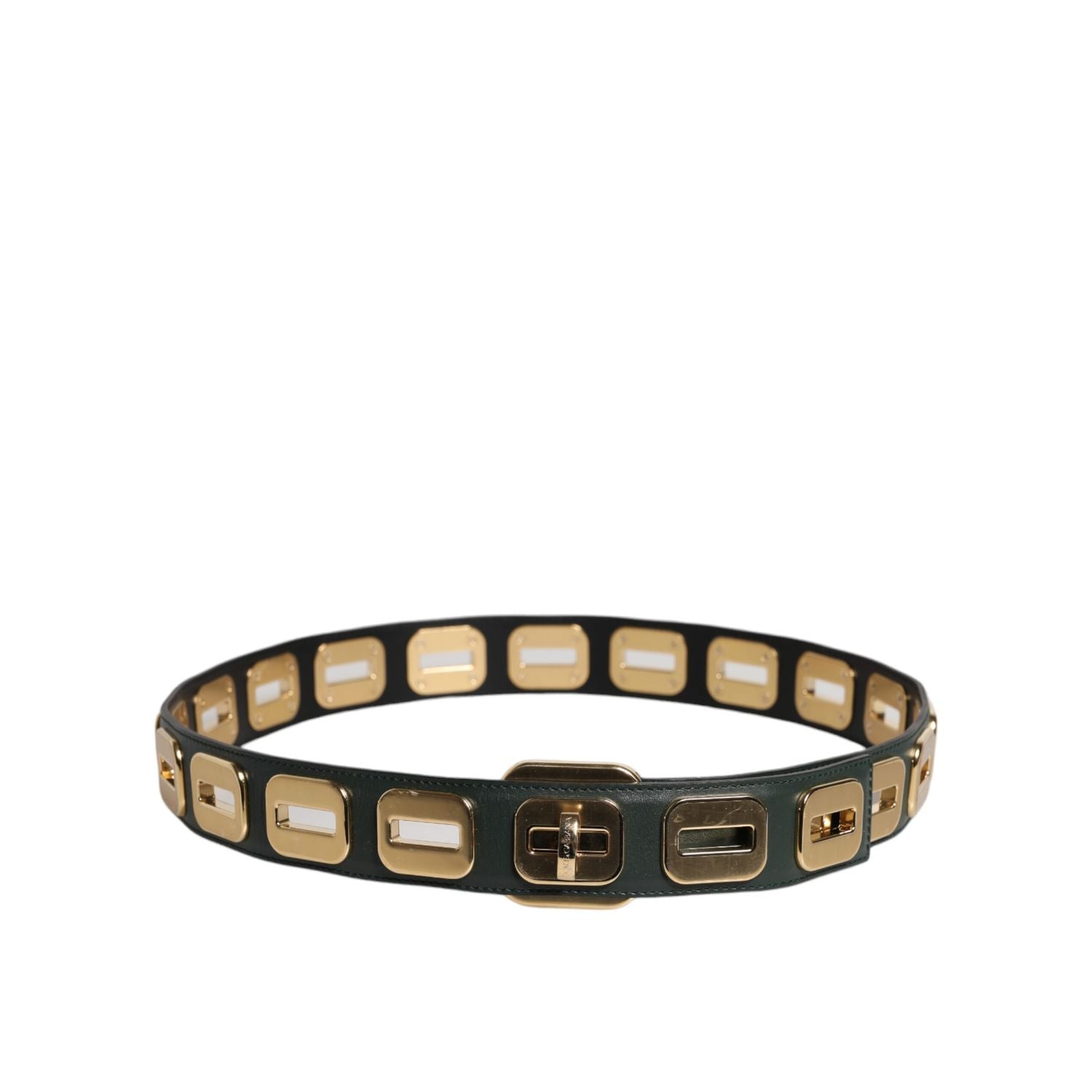 Dolce & Gabbana Green Leather Gold Tone Rotating Buckle Belt