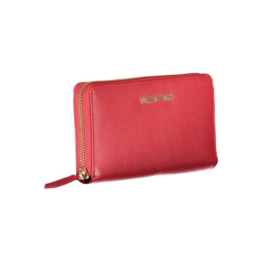 Valentino Bags red polyethylene wallet with zip closure, featuring 6 compartments, 1 coin purse, card spaces, and logo detail.