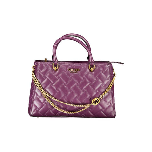 Guess Jeans Purple Handbag with Chain Detail and Logo, featuring Dual Handles, Adjustable Strap, and Multiple Pockets