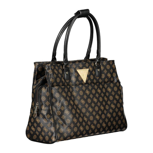 Guess Jeans brown polyethylene handbag with two shoulder handles, external pocket, three compartments, and contrast details.