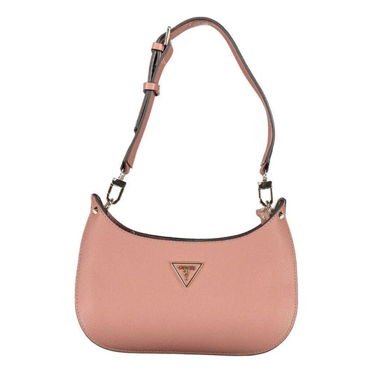 Guess Jeans pink polyethylene handbag with adjustable strap, zip closure, contrast details, and logo on the front.