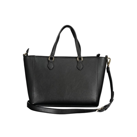 Valentino Bags black handbag with handles and removable strap, featuring internal pocket and phone holder, zip closure.
