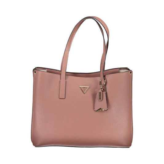 Guess Jeans pink polyethylene handbag with two shoulder handles, external and internal pockets, zip and snap closure, and logo detail.