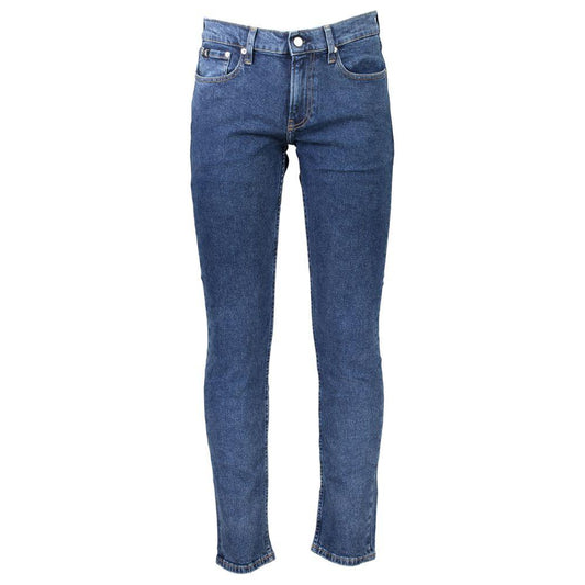 Calvin Klein blue cotton slim fit jeans with 5 pockets, button and zip closure, featuring logo, ideal fashion for comfort and style.