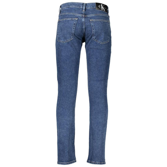Back view of Calvin Klein slim fit blue cotton jeans with five pockets and logo waistband detail.