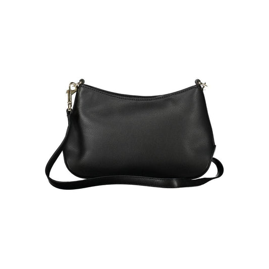 Tommy Hilfiger black polyester handbag with adjustable shoulder strap, internal pocket, and zip closure. Sleek design featuring logo.