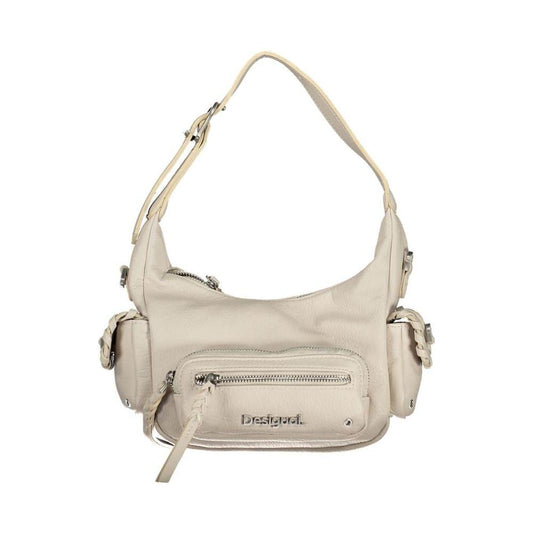 Desigual white polyethylene handbag with adjustable handles, removable shoulder strap, multiple pockets, and zip closure.