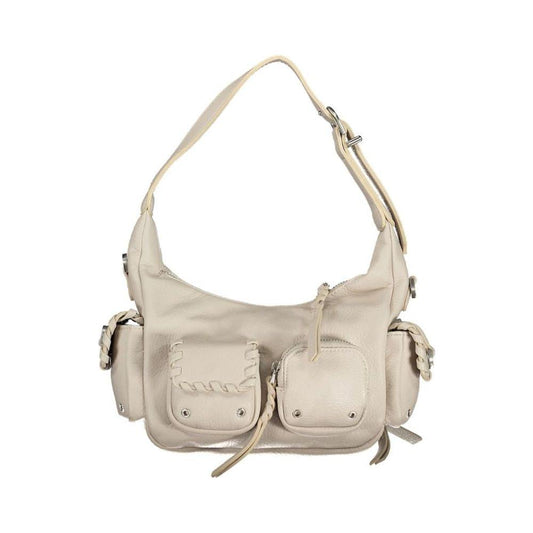 Desigual white polyethylene handbag with adjustable handle and removable shoulder strap, featuring multiple external and internal pockets.