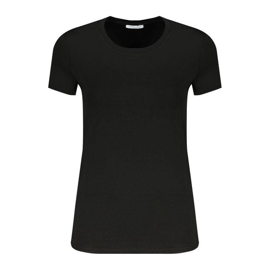 Patrizia Pepe black short sleeve T-shirt with crew neck, featuring rhinestone logo and organic cotton blend.