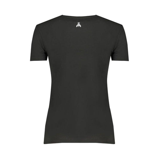 Back view of Patrizia Pepe black short sleeve T-shirt with rhinestone logo, crew neck, made from organic cotton and elastane blend.