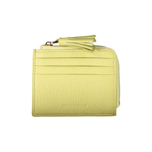 Coccinelle yellow leather wallet with card holder, central pocket, double card spaces, logo, and a tassel zipper.