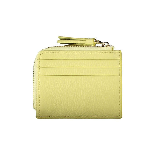 Coccinelle yellow leather wallet with card holder, central pocket, double card spaces, and logo