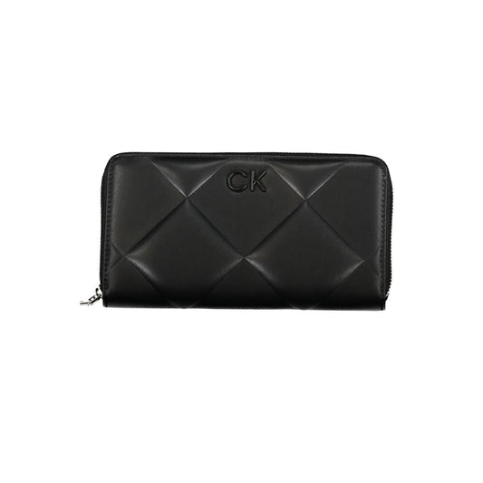 Calvin Klein black polyester wallet with zip closure, RFID blocking, embossed logo, and quilted design.