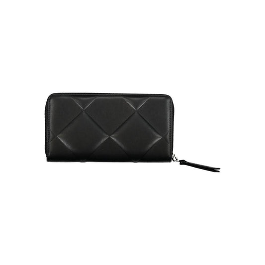 Calvin Klein black polyester wallet with zip closure, RFID blocking, five compartments, card spaces, and contrasting details.