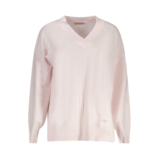 Guess Jeans Pink Acrylic Women Sweater with V-Neck and Long Sleeves, Featuring Iconic Logo and Contrasting Details in Luxurious Fabric.