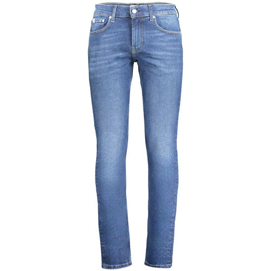 Calvin Klein blue cotton slim jeans with 5 pockets, button, and zip. Features logo on waistband, classic fit.