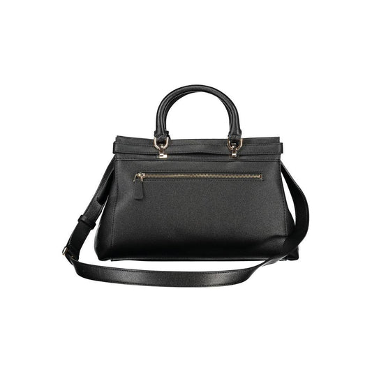 Black Guess Jeans ECO ALI women's handbag with zipper pocket, dual handles, and shoulder strap, showcasing eco-conscious style.