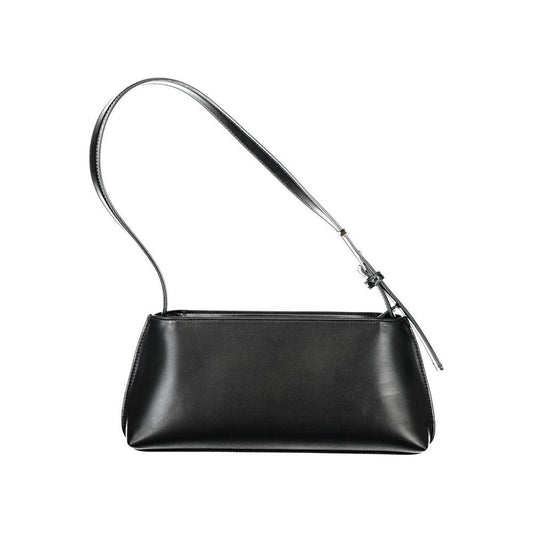 Calvin Klein black polyester handbag for women with adjustable shoulder strap, modern design, and sleek finish.