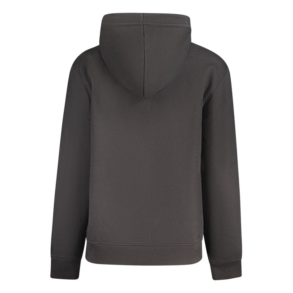 Back view of Calvin Klein Black Cotton Women Sweater with hood, showcasing sleek design and comfort, ideal for casual wear.
